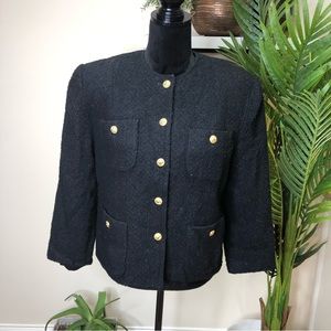 VTG JH Collectibles Black Wool-like Waist length Blazer w/ Gold Buttons 8